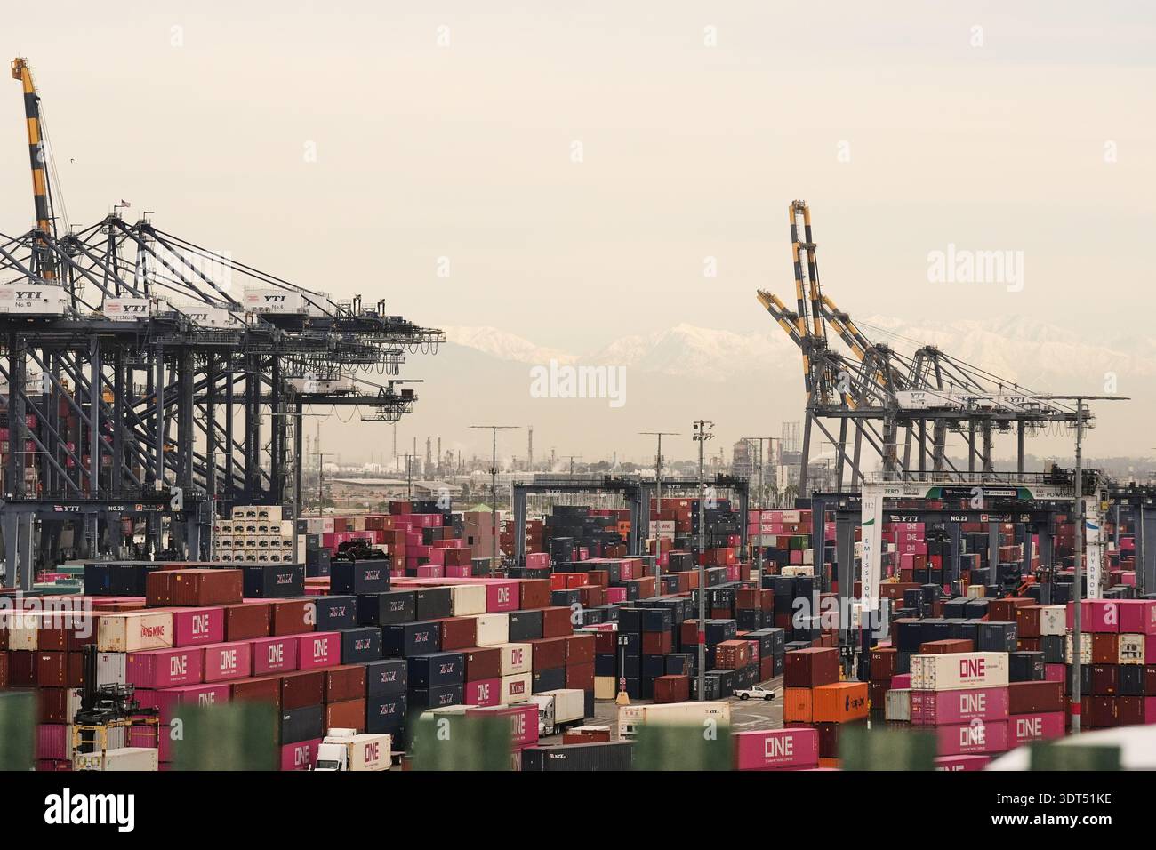 Containers are stacked at the Port of Los Angeles Friday, Feb. 20, 2026 ...