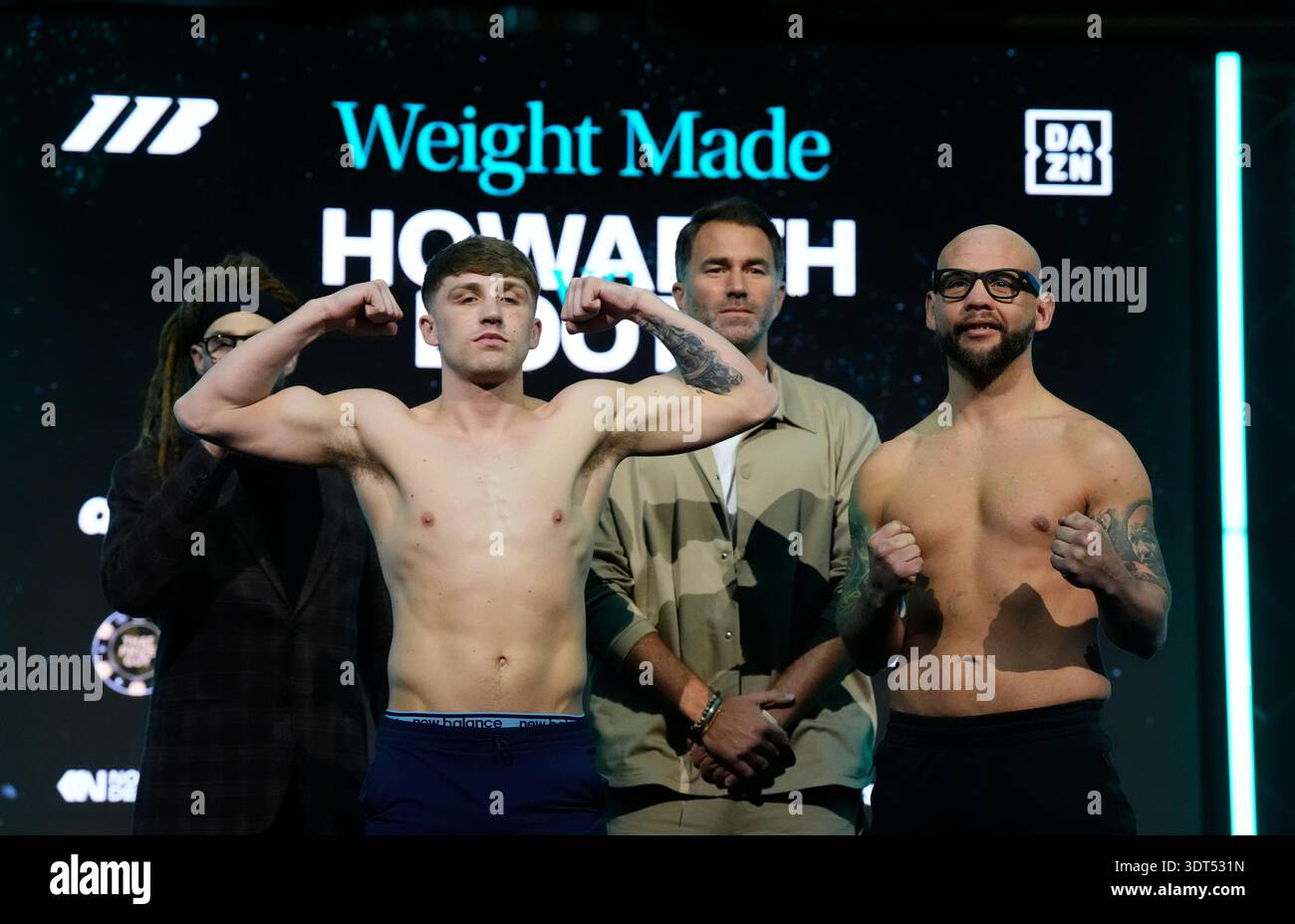 Joe Howarth and Dan Booth face off during a weigh-in at the Albert Hall ...