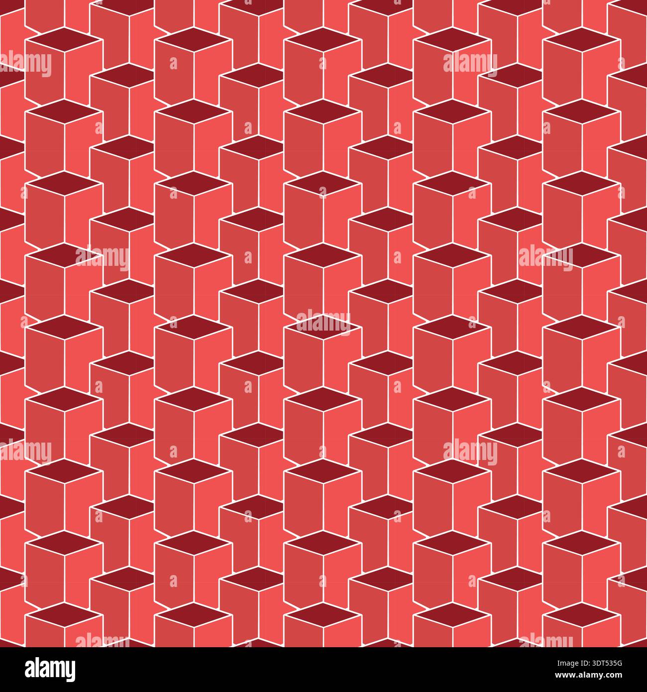 Red cubes seamless geometric 3d abstract pattern. Digital technology repeatable vector bright optical background. Yellow optical illusion design Stock Vector