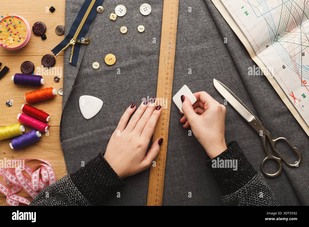 Creating a Handmade Project With Tools and Materials on a Crafting Table Stock Photo