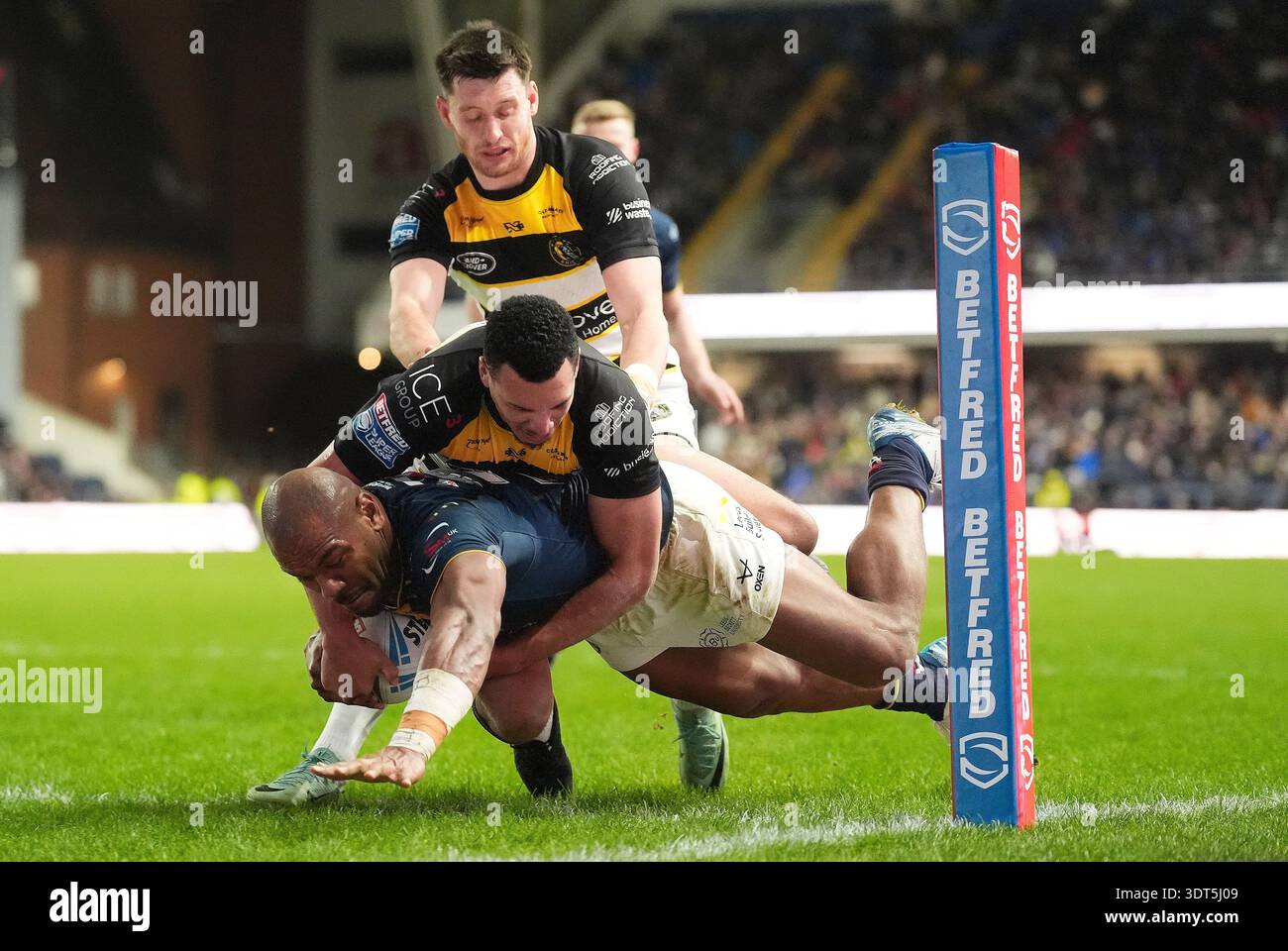 Leeds Rhinos' Maika Sivo (left) scores a try during the 2026 Betfred ...