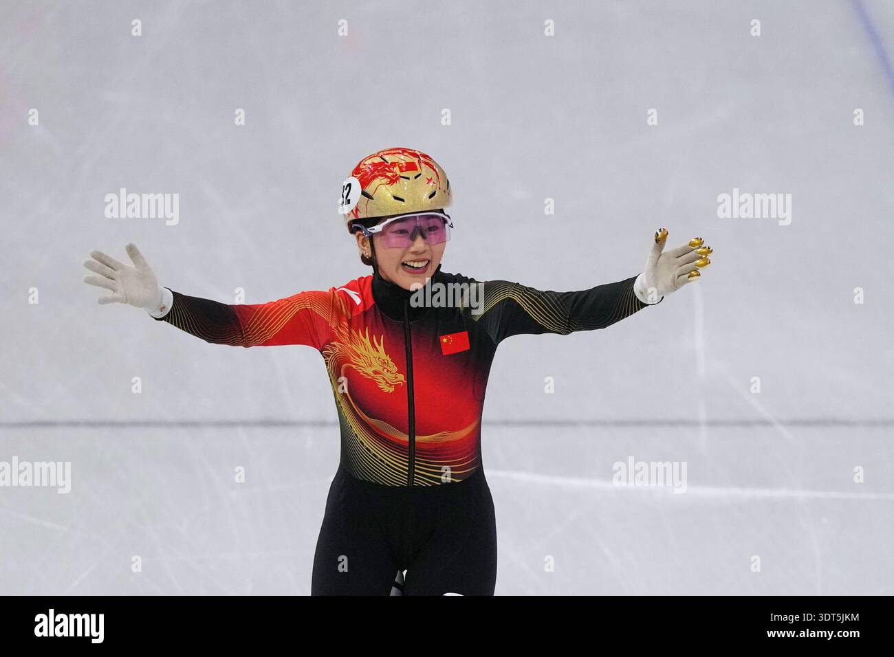 Jing Ru Yang Yang Jingru of China celebrates after a during a short track speed ...