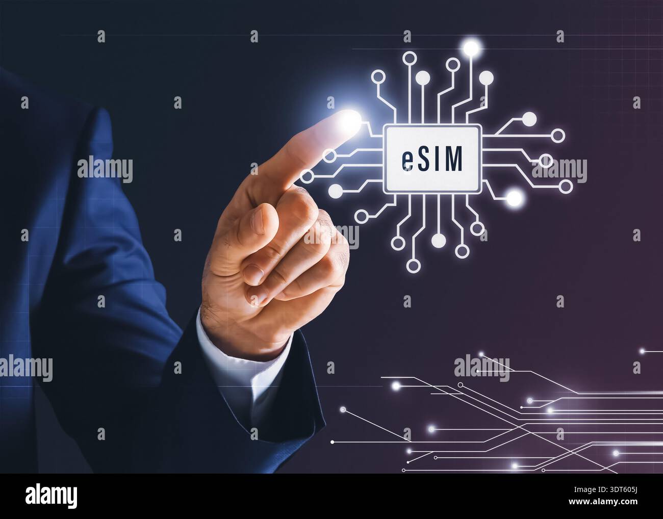 Businessman activating eSIM microchip on virtual screen, closeup. Dark background with circuit board pattern Stock Photo
