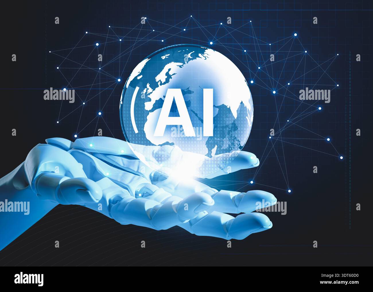 Robot hand holding virtual globe with AI on dark background. Artificial intelligence in global development Stock Photo