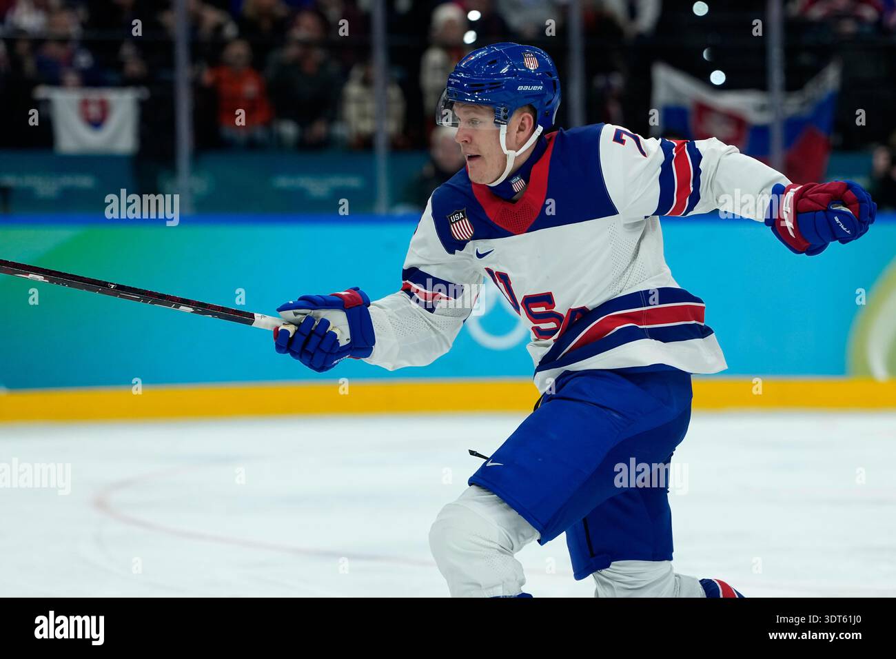 United States' Brady Tkachuk (7) is in acton during a men's ice hockey ...