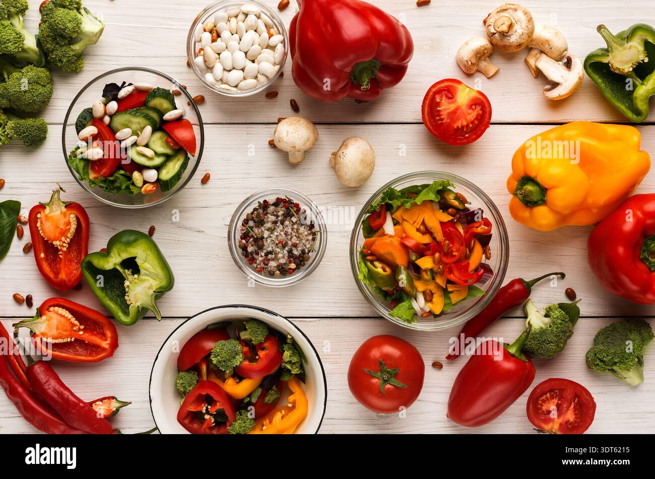 Colorful Vegetable Collage on a Wooden Table With Fresh Ingredients for Cooking Stock Photo