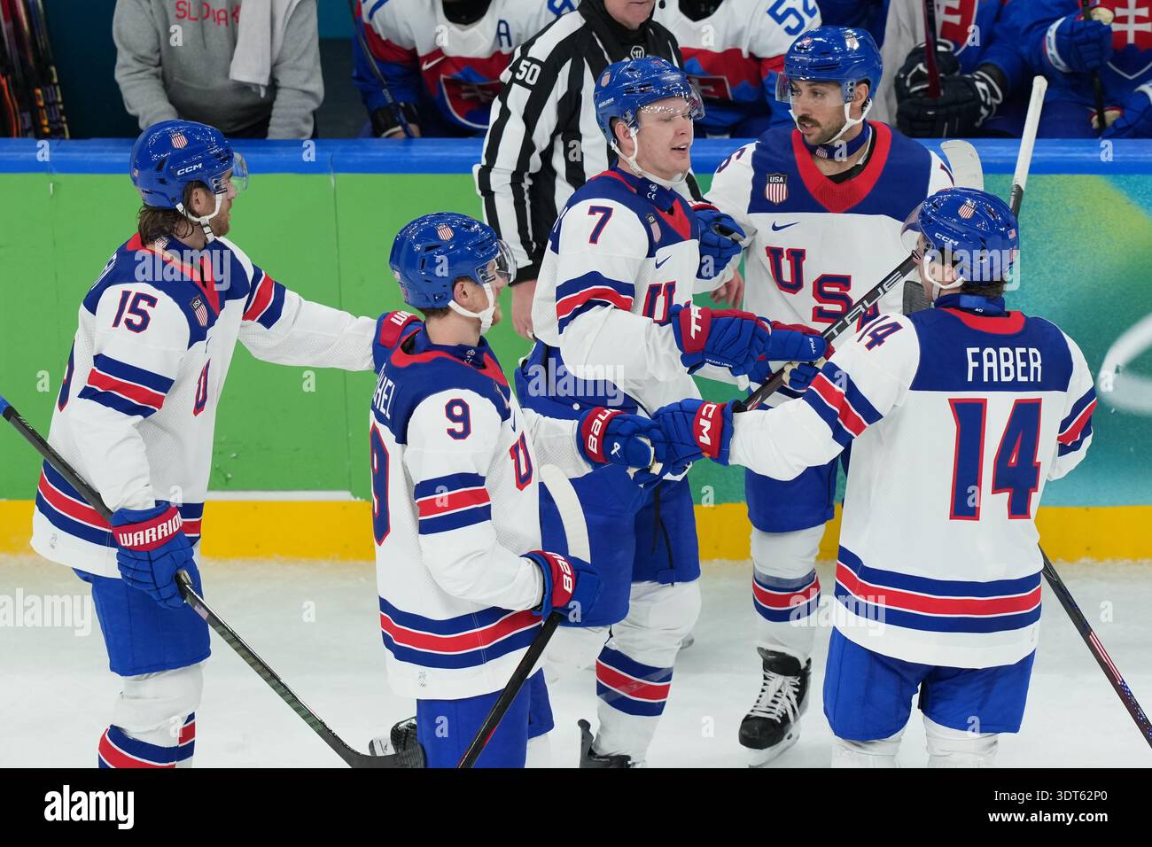 United States' Brady Tkachuk (7) is congratulated after scoring a goal ...