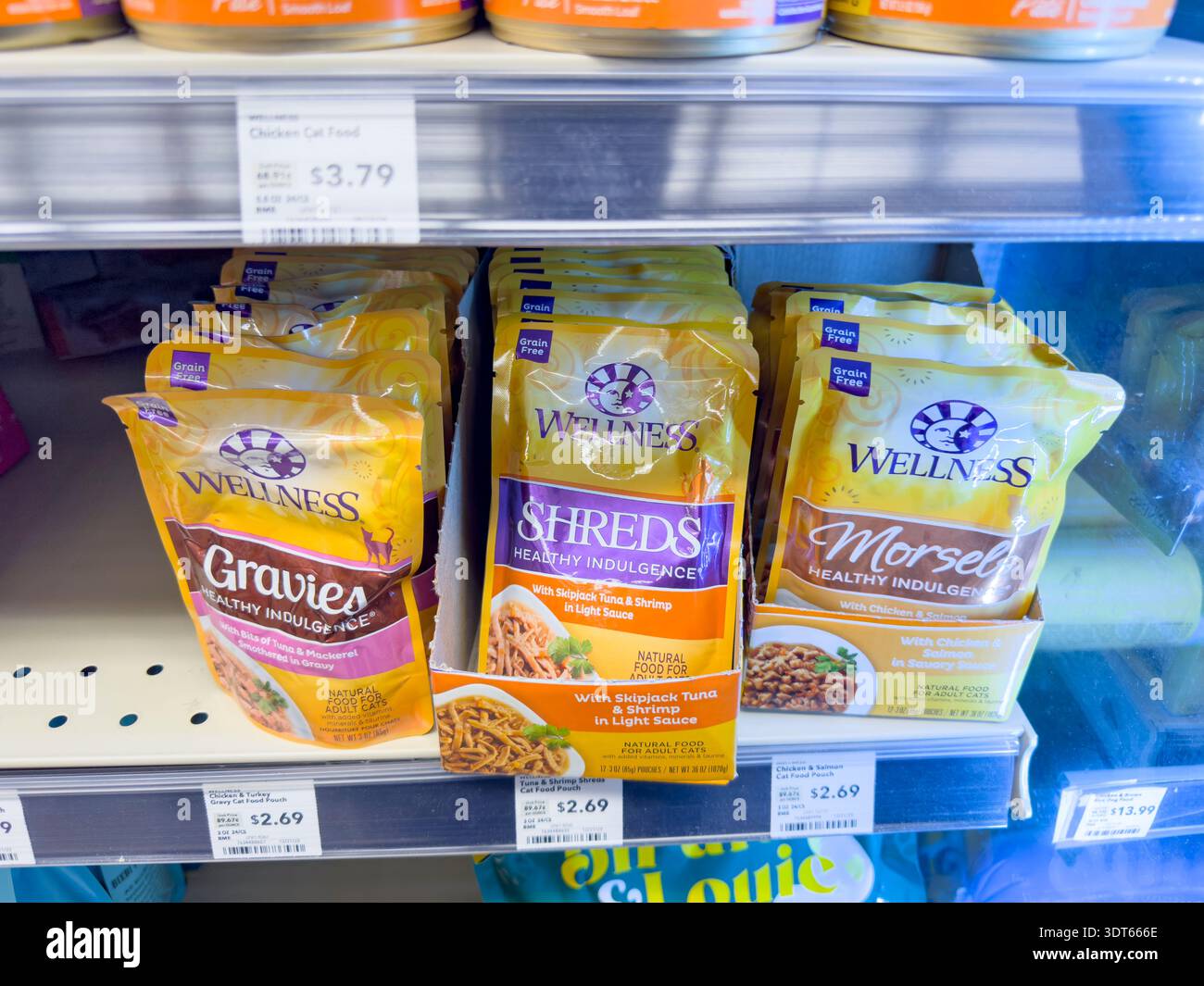 Los Angeles, California, United States - 08-14-2024: A view of several packages of Wellness cat food, at the store. Stock Photo
