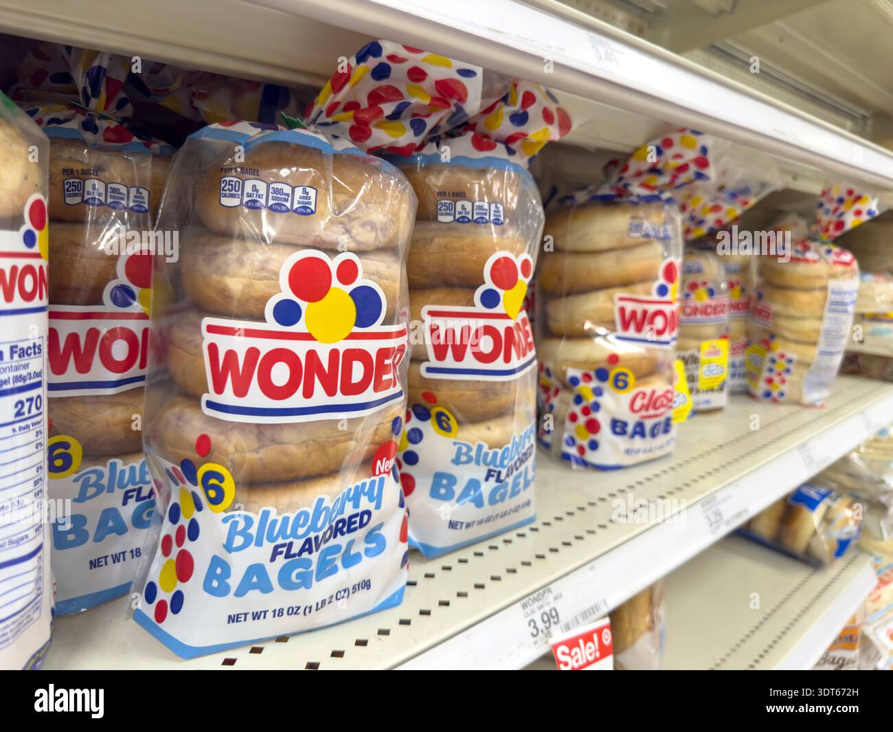 Los Angeles, California, United States - 08-14-2024: A view of several packages of Wonder Bread bagels, at the store. Stock Photo
