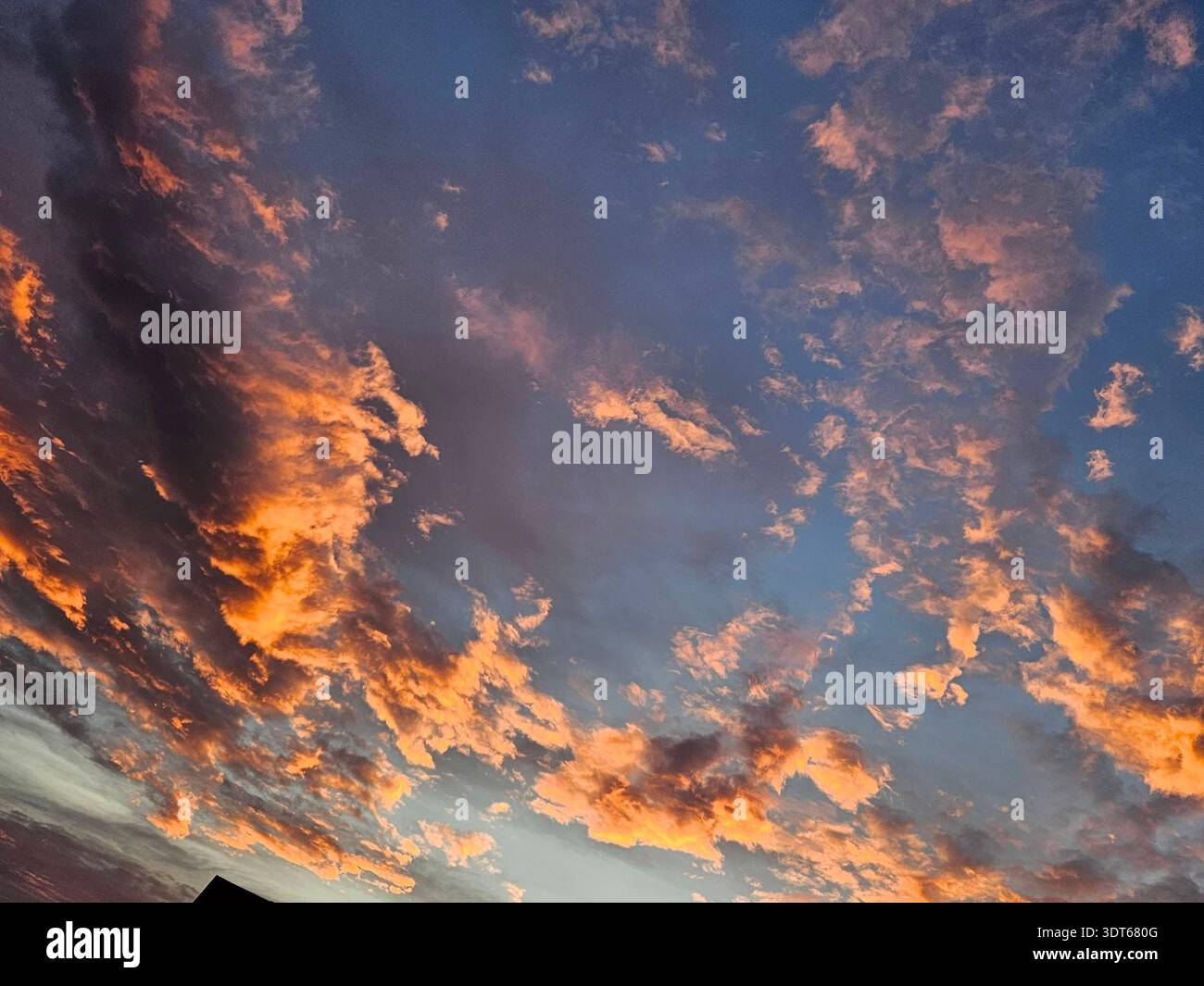 EDITORIAL USE ONLY- AMELIA OHIO JULY 2025:  ​Vibrant sunset over Amelia, Ohio, in July 2025, featuring dramatic altocumulus clouds illuminated with orange and gold light against a deep blue summer sky. - Smartphone Captured Stock Image