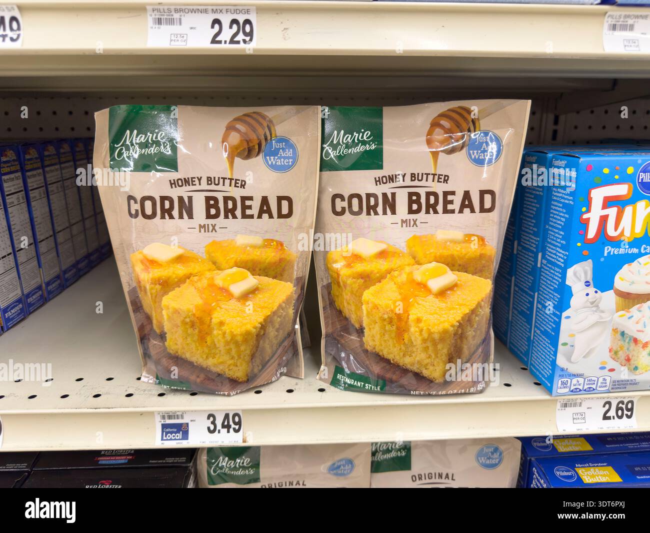 Los Angeles, California, United States - 01-14-2024: A view of several packages of Marie Callender's corn bread mix, at the store. Stock Photo