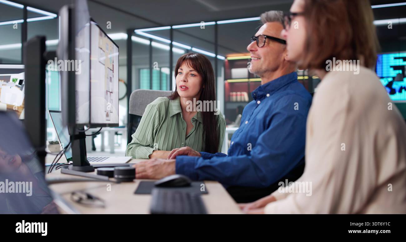 Senior Developer Measuring Land For Town Plot Using Computer Screen Stock Photo