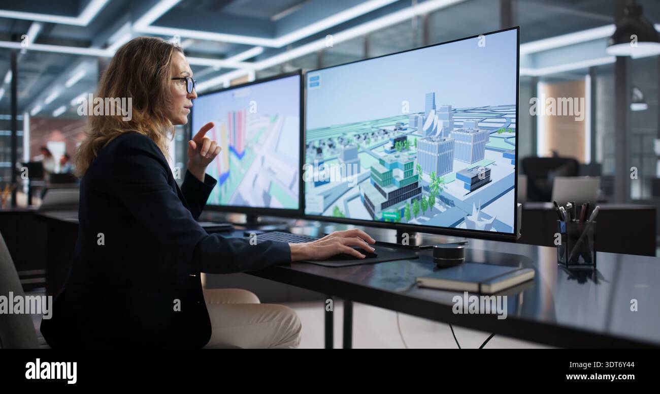 Female Urban Engineer Analyzing City Software With GIS Mapping Stock ...