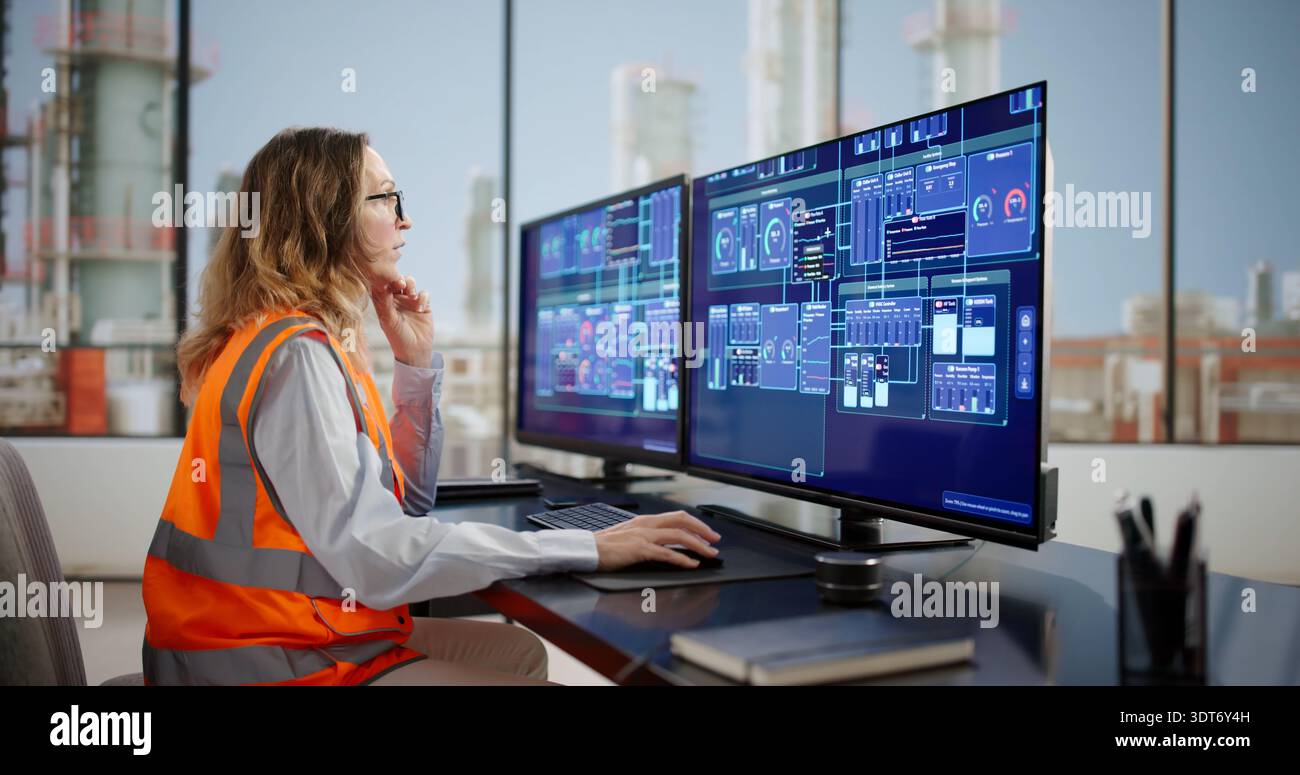 Female Engineer Checking Efficiency On Multiple Screens In Energy Control Room. Stock Photo