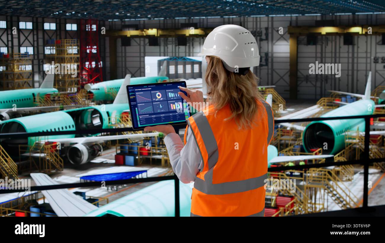 Aerospace Engineer Using SCADA Software In Factory Inspects Aircraft Control Panel Stock Photo