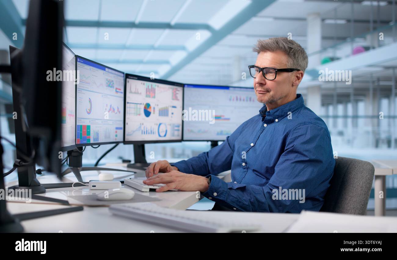 Executive Using Business Dashboard To Analyze Market Metrics Stock Photo