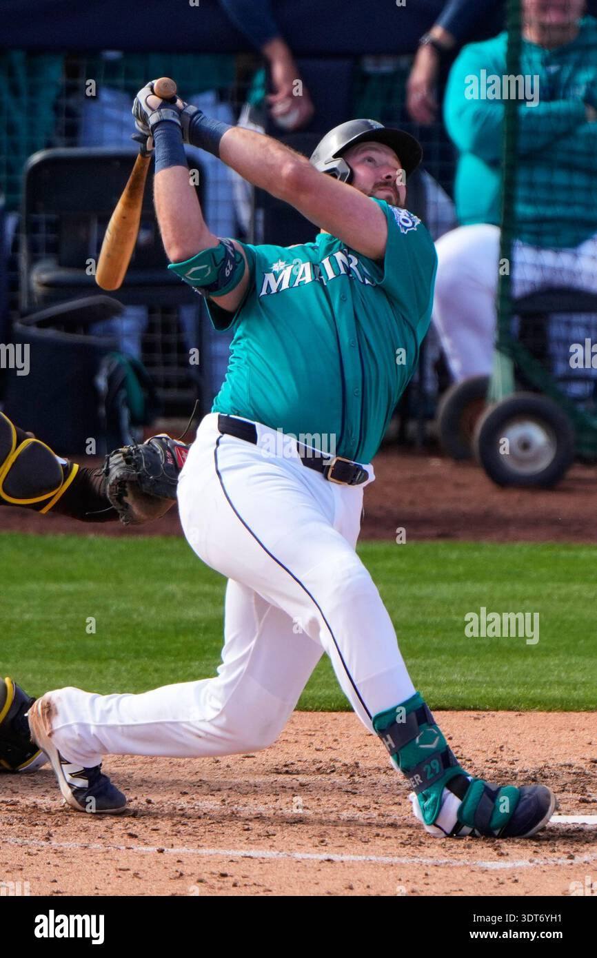 Seattle Mariners catcher Cal Raleigh bats during the fifth inning of a ...