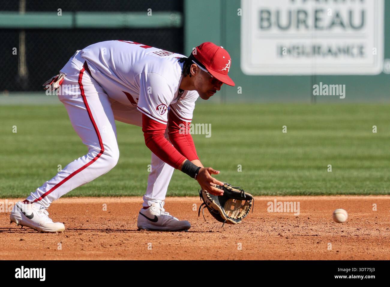 Defeated Razorback February 20, 2026: Razorback third baseman TJ Pompey (5) looks in a ...