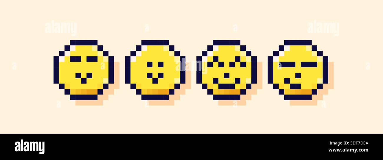8-bit pixel art yellow smileys. Stock Vector