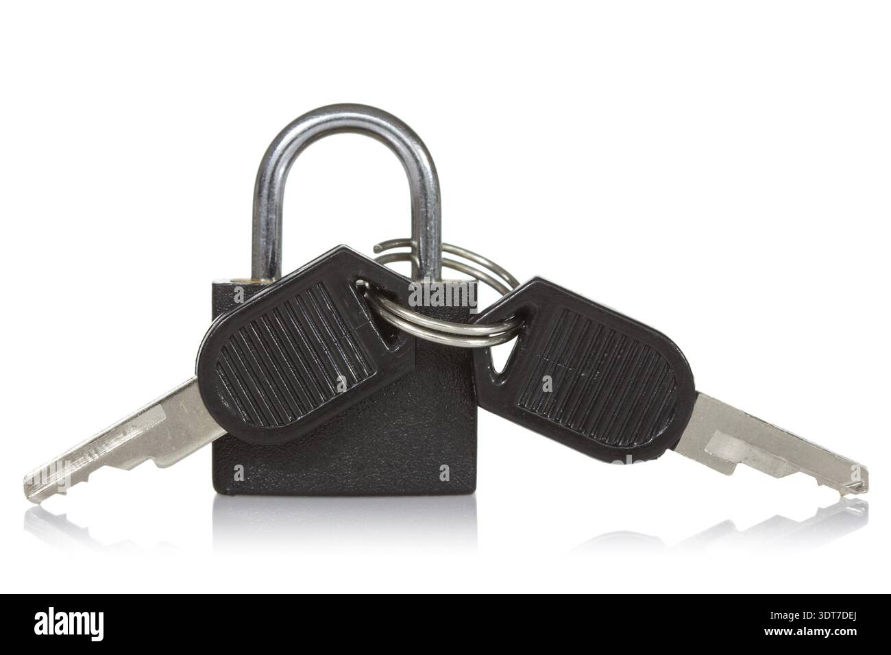 Black padlock with a keys, isolated on white background Stock Photo