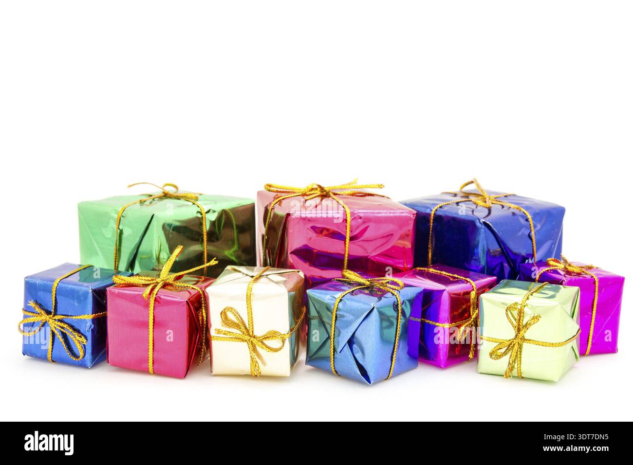 Pile of colorful gift boxes on the white background Stock Photo
