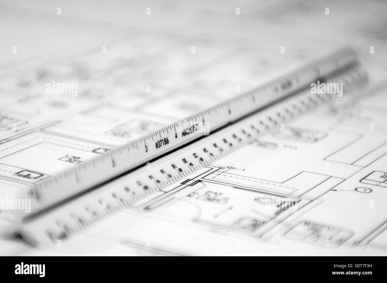 Plan El Ruler Scale ruler and floor plan cad drawings for a project Stock Photo - Alamy