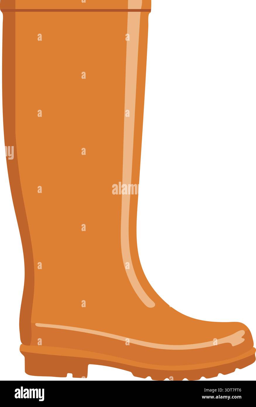 Flat illustration of a brown rubber rain boot with a tall shaft and ...