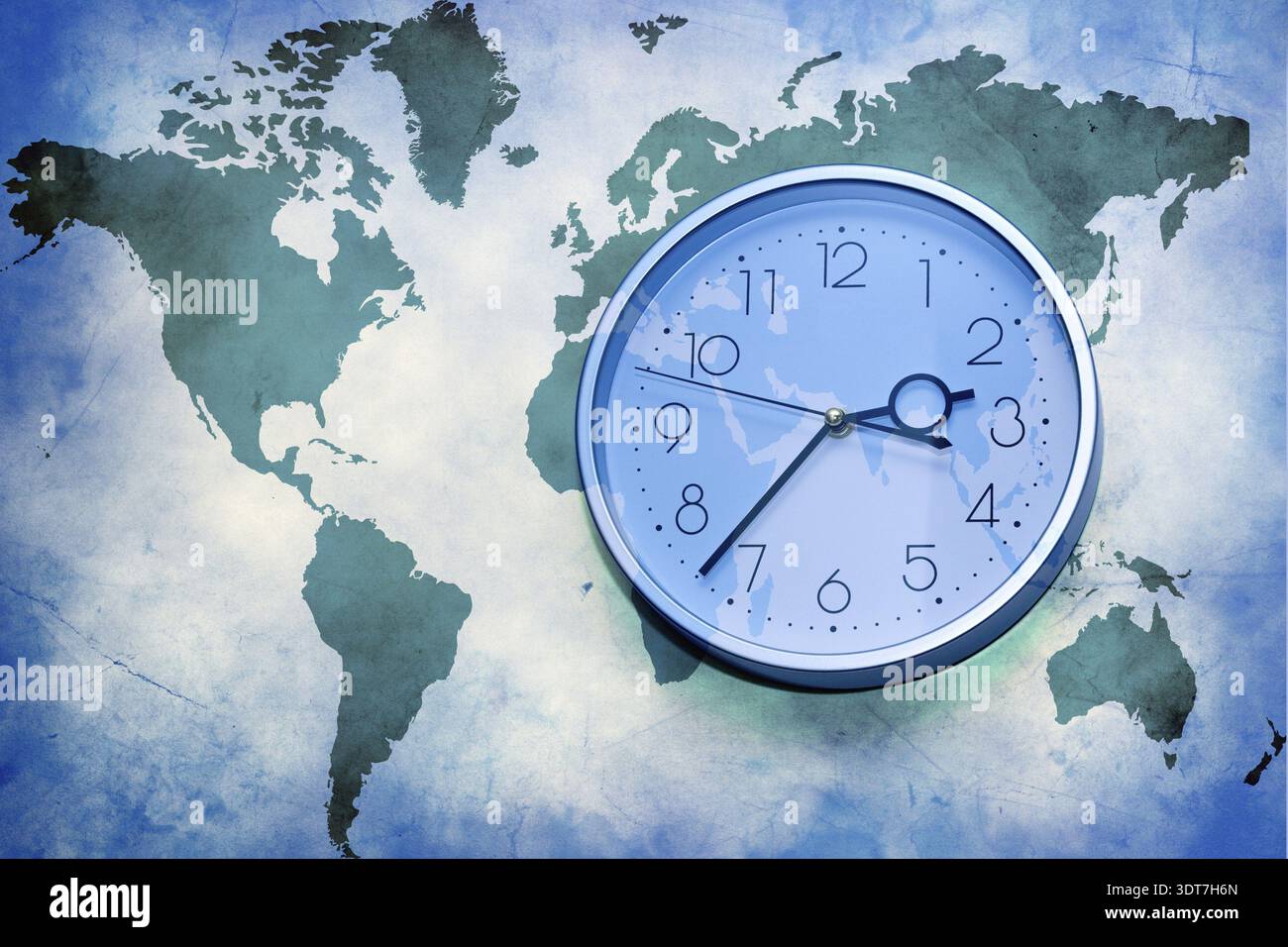 Abstract business background. world map with wall clock Stock Photo - Alamy