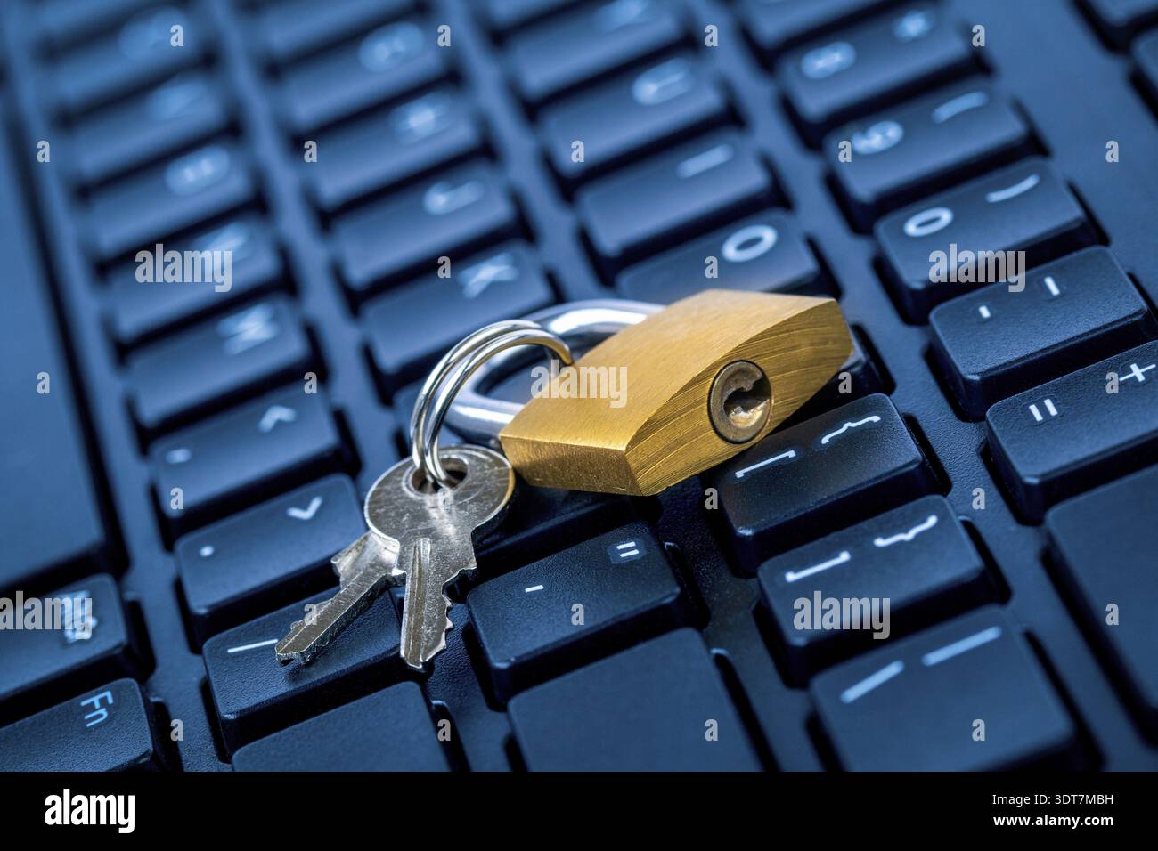 Computer security concept. Locked padlock on laptop keyboard. Security lock on computer keyboard - computer protection concept Stock Photo