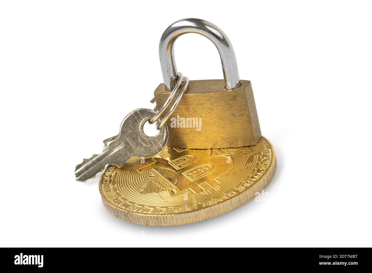 Gold bitcoin with padlock on white background. Cryptocurrency security concept Stock Photo
