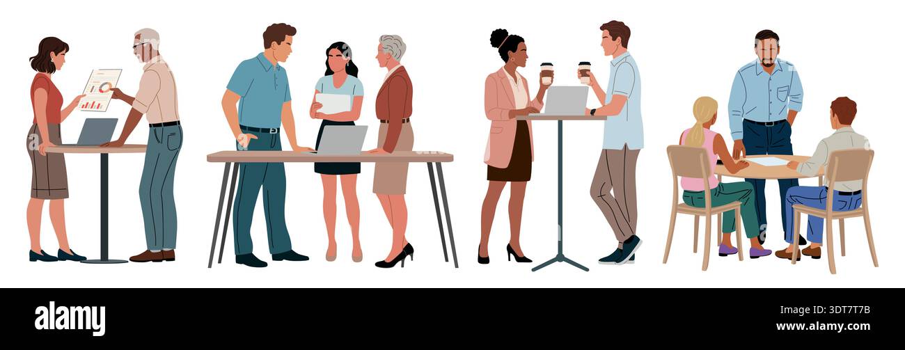 Small work groups collaborating around a table  Stock Vector
