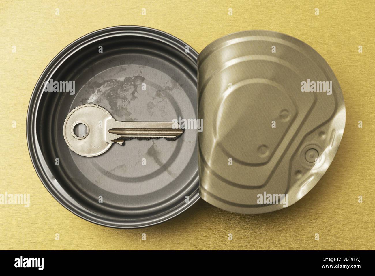Opened tin can with a door key inside. Conceptual image Stock Photo