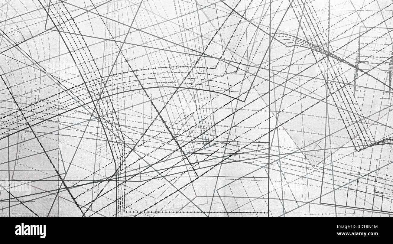 Overlapping sewing pattern lines on a paper background creating an abstract design Stock Photo