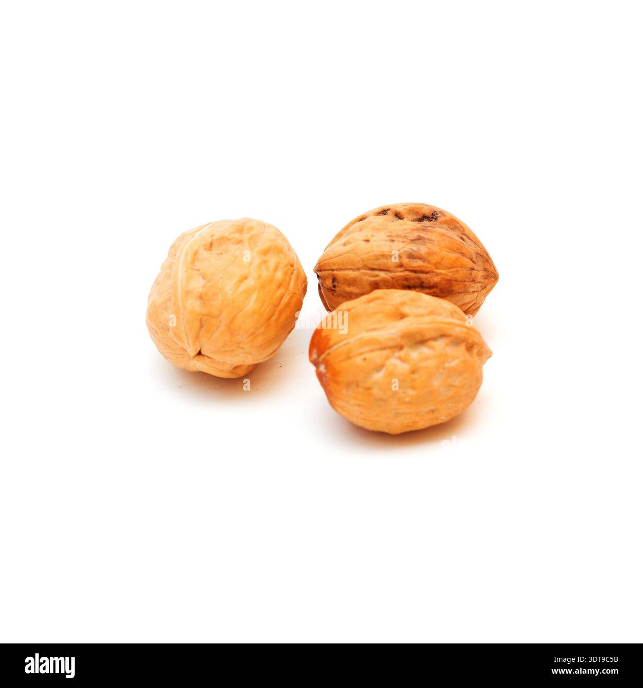 Three walnuts isolated on white background. Stock Photo