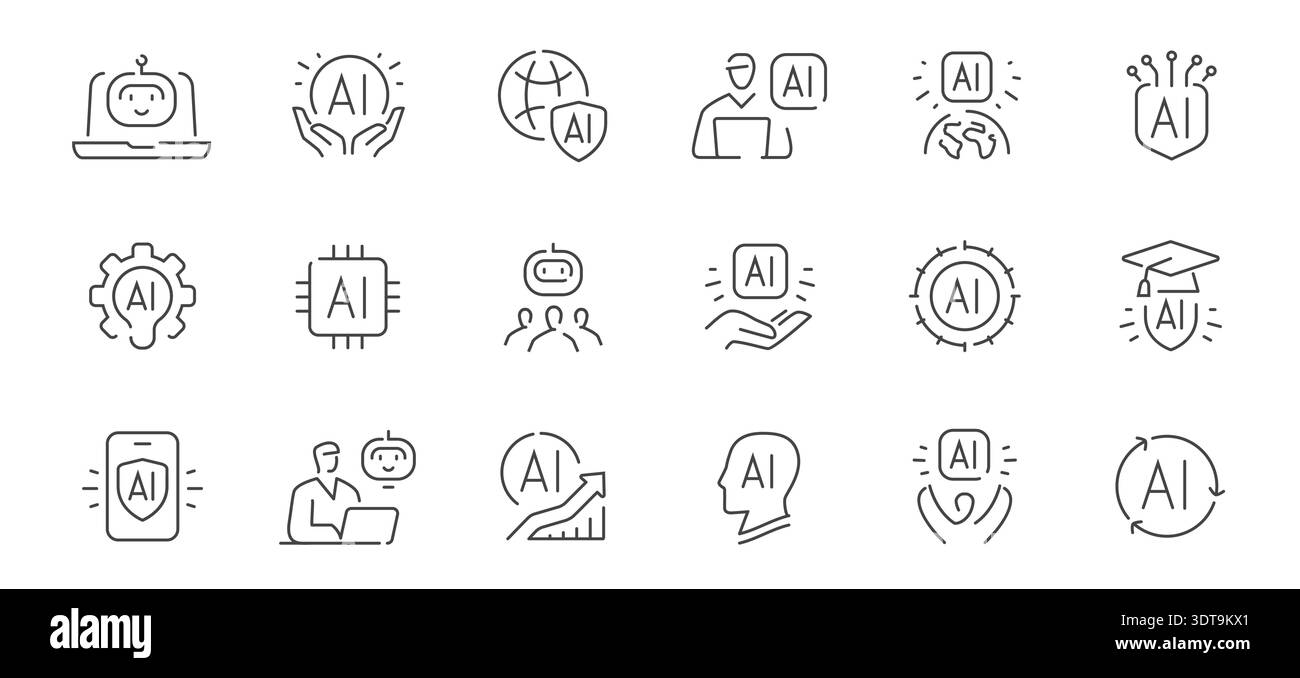 Artificial intelligence line icons set. AI technology, machine learning, cybersecurity and automation vector collection Stock Vector