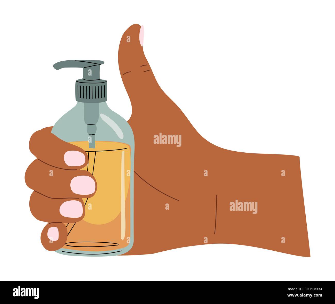 Brown hand holding a clear pump bottle Stock Vector