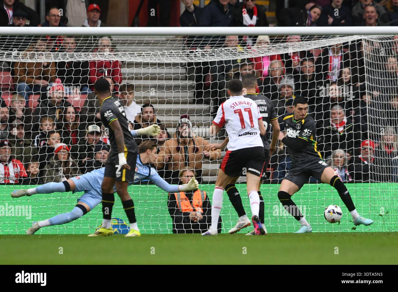 Southampton, England. 21st Feb 2026. Lloyd Jones makes a goal line ...