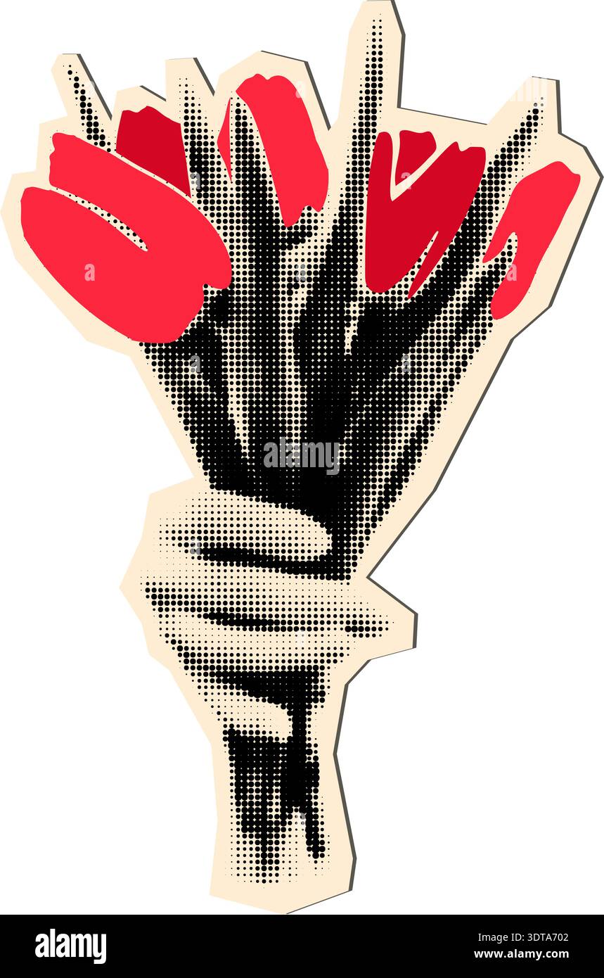 Halftone hands holding tulips cut out vector illustration Stock Vector