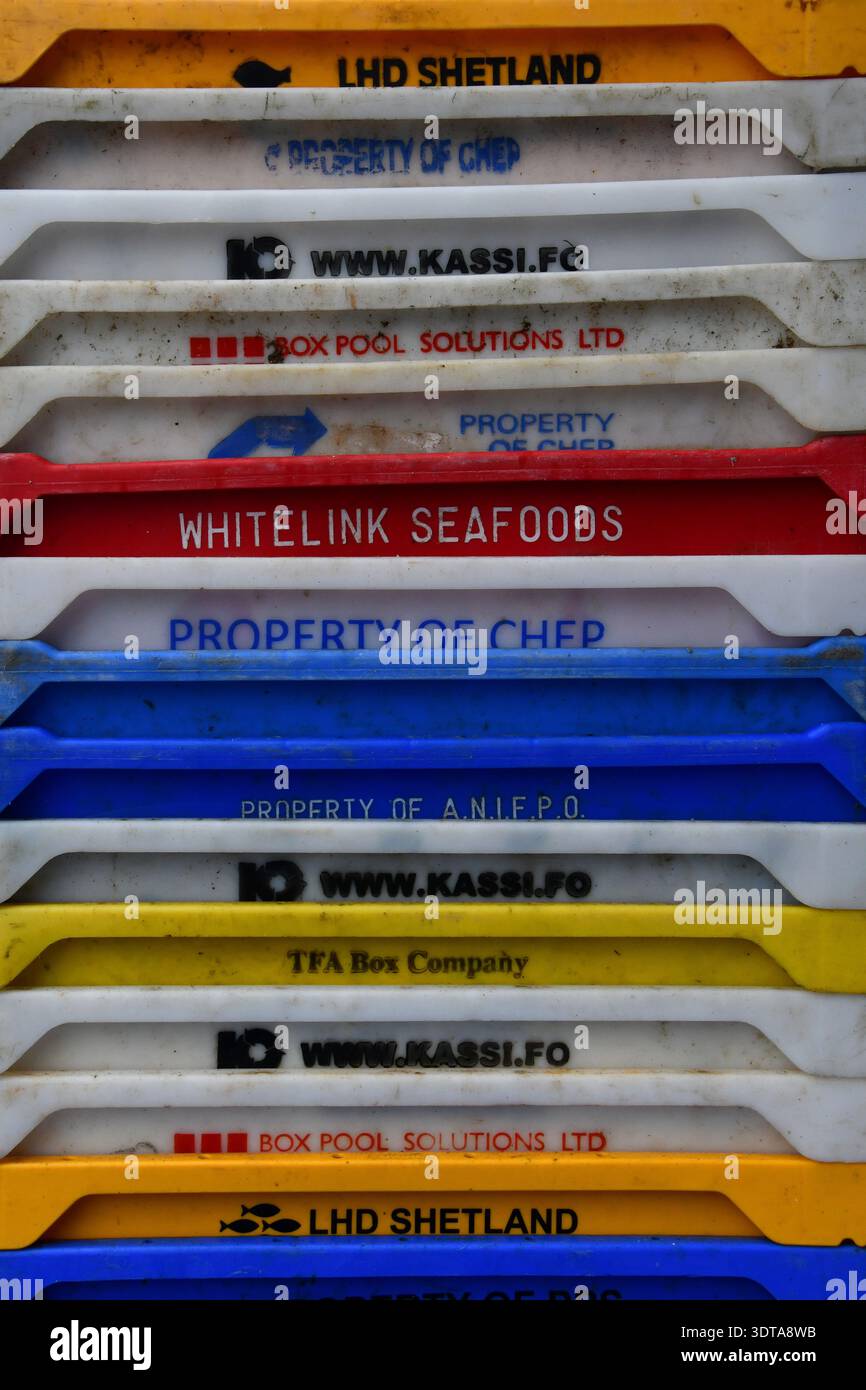 Fish boxes at Bridlington Harbour Stock Photo