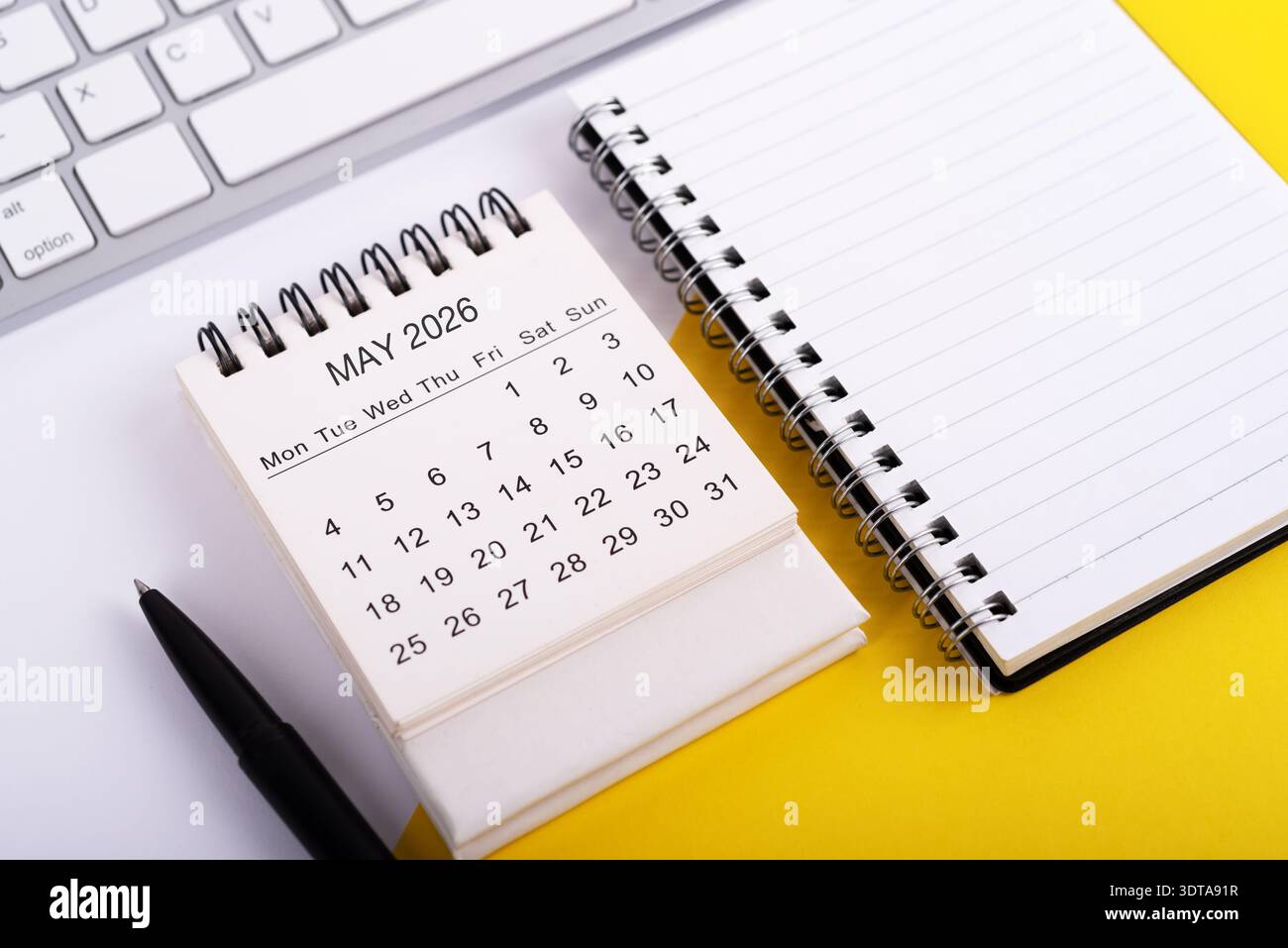 High angle view of notepad and May 2026 Calendar Flat Lay Stock Photo