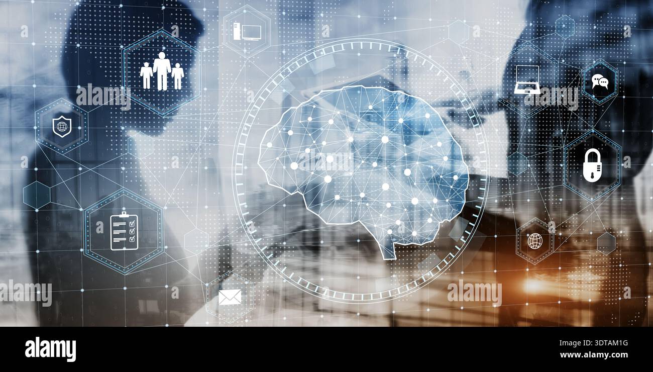 Business Technology Concept with AI Brain and Secure Data Network. Stock Photo