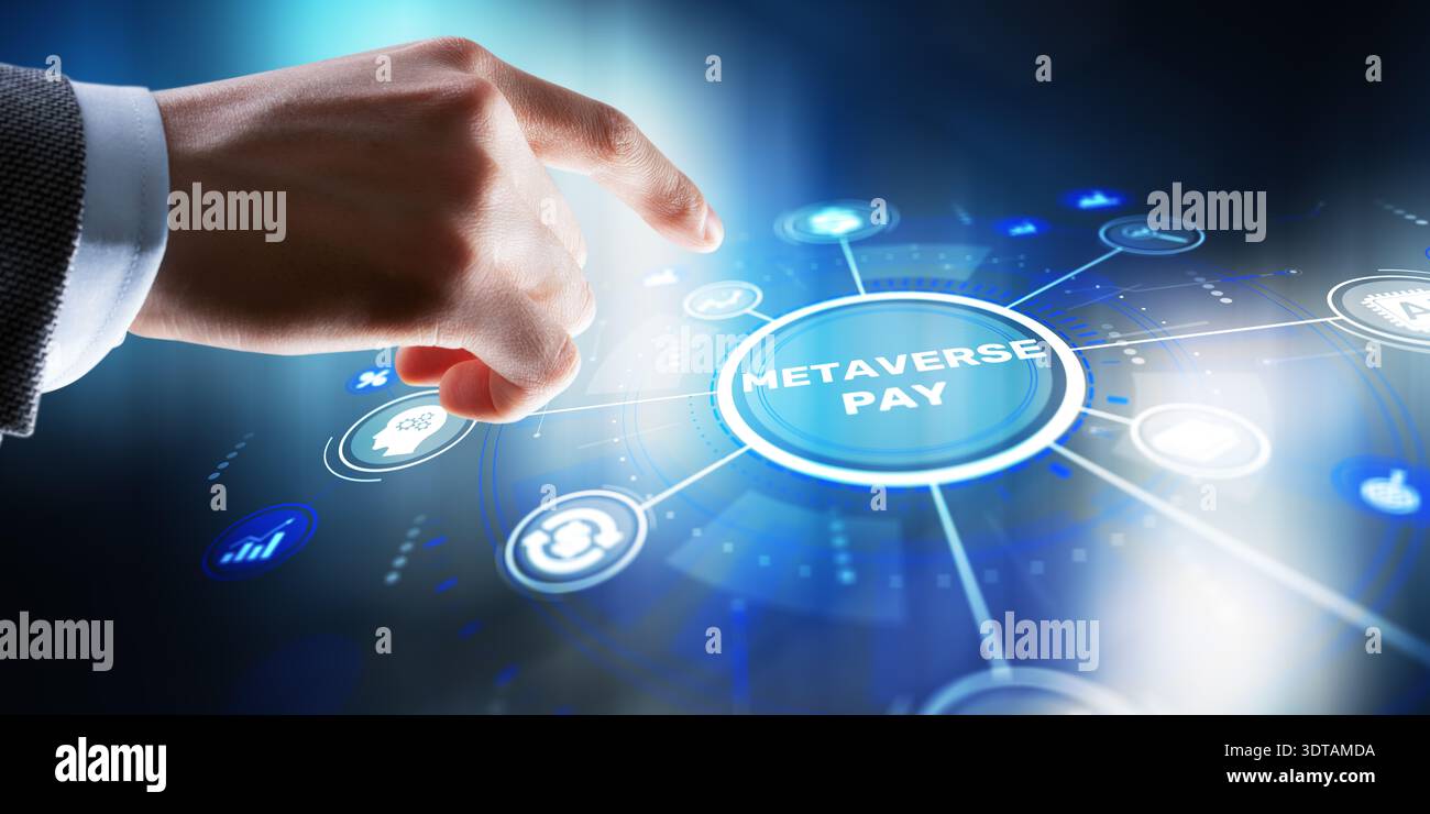 Futuristic metaverse payment system with digital currency and virtual transaction technology. Stock Photo