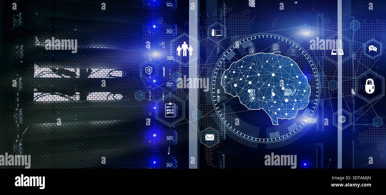 AI Driven Cyber Defense and Enterprise Data Network Management. Stock Photo