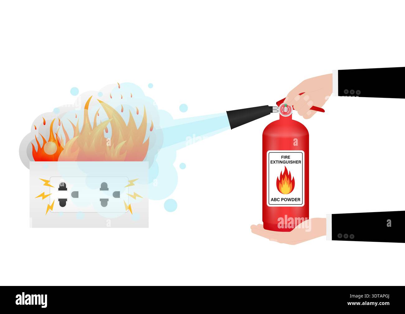 Hand using Fire Extinguisher to Spray on Burning Electric Socket. Vector Illustration. Stock Vector