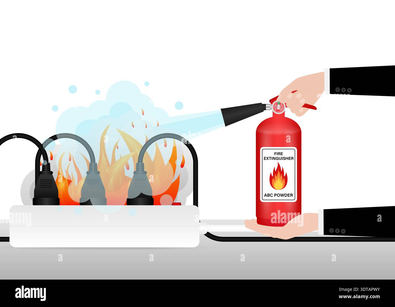 Hand using Fire Extinguisher to Spray on Burning Electric Socket. Vector Illustration. Stock Vector