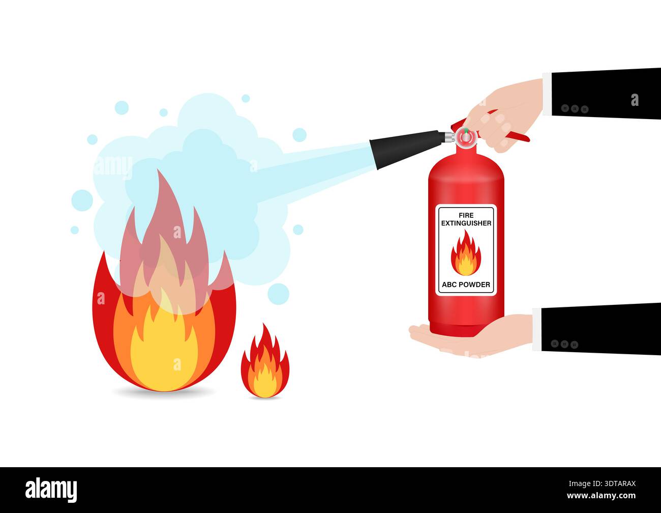 Hand using Fire Extinguisher to Spray on Burning Fire. Vector Illustration. Stock Vector