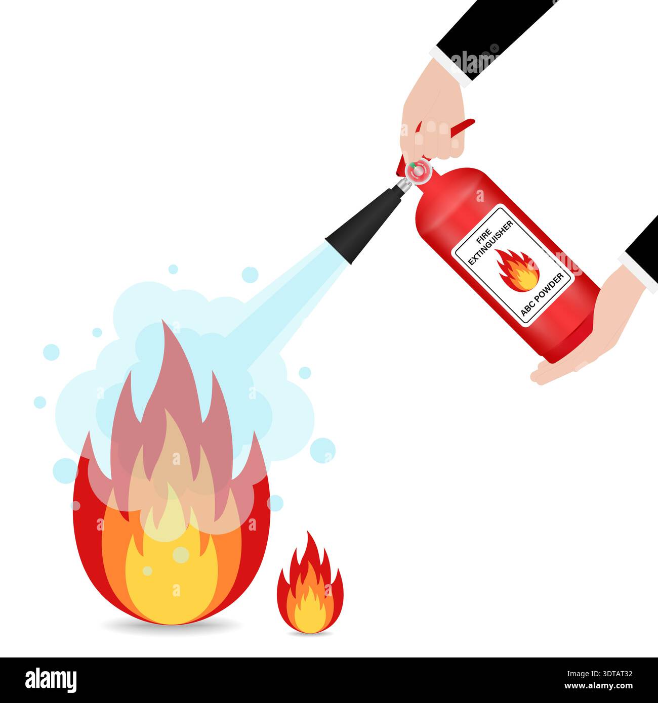 Hand using Fire Extinguisher to Spray on Burning Fire. Vector Illustration. Stock Vector