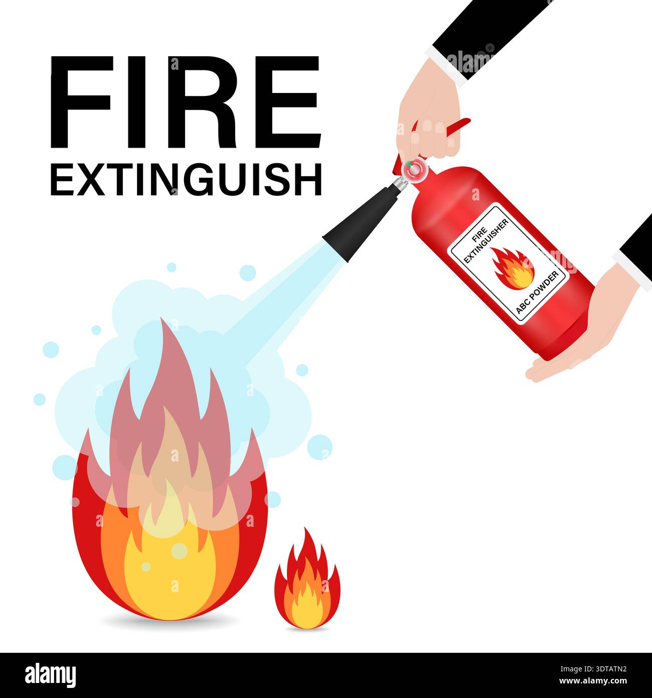 Hand using Fire Extinguisher to Spray on Burning Fire. Vector Illustration. Stock Vector