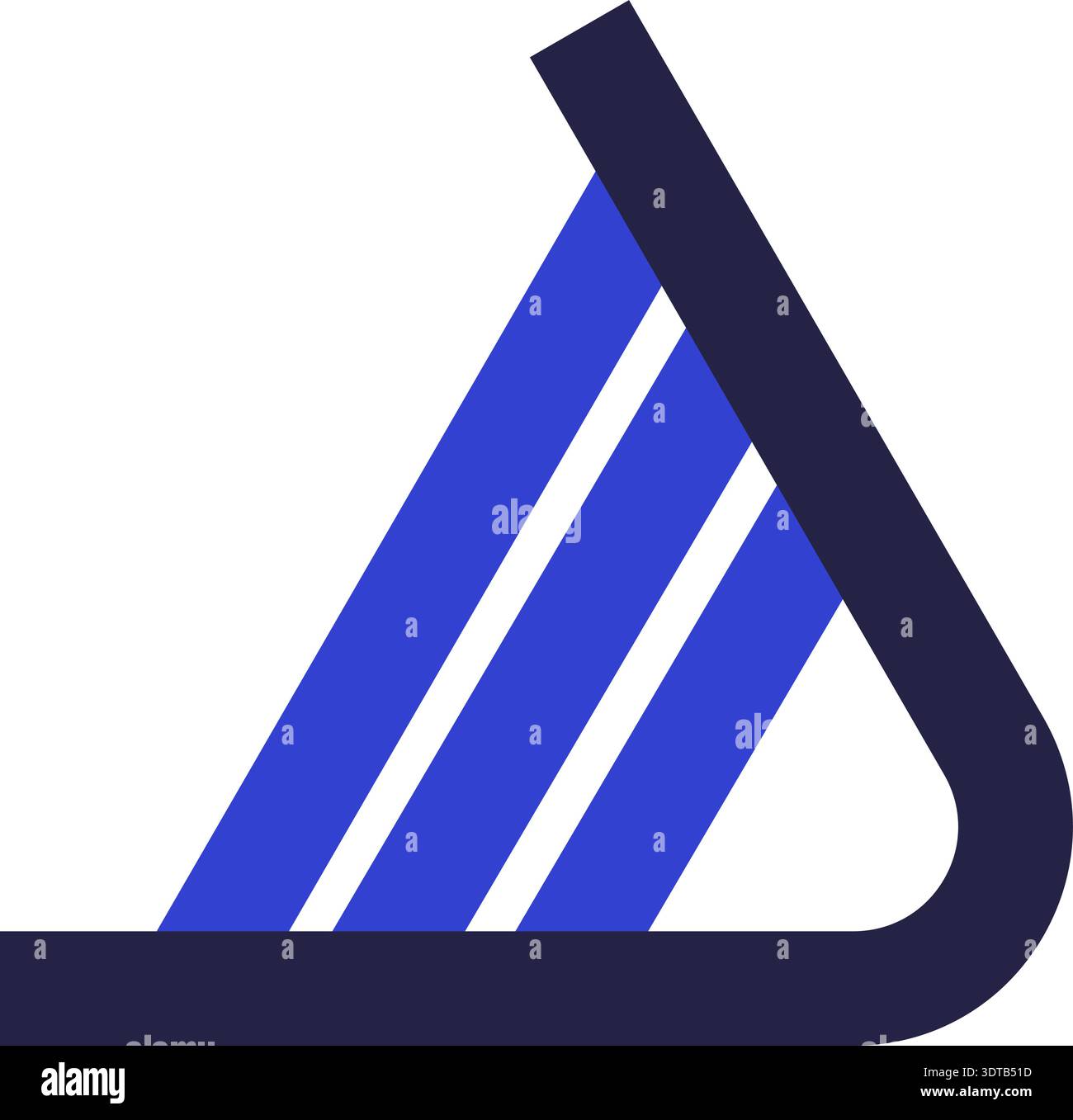 Triangular icon for logo forming an acute angle with rounded corner and three diagonal and parallel stripes Stock Vector