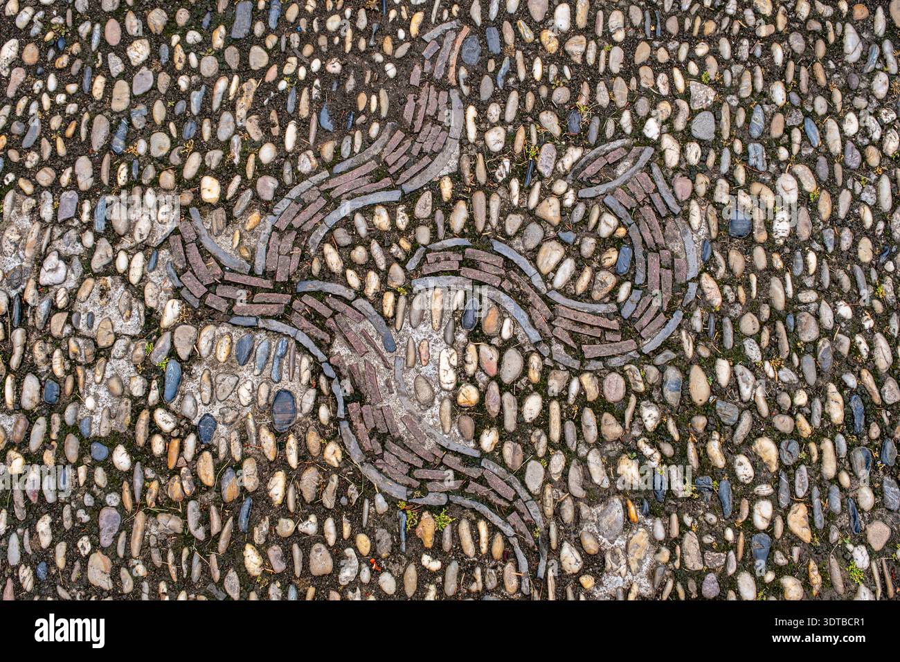 a cobblestone pavement featuring an intricate, symmetrical pattern with alternating dark and light stones forming a geometric design. Stock Photo